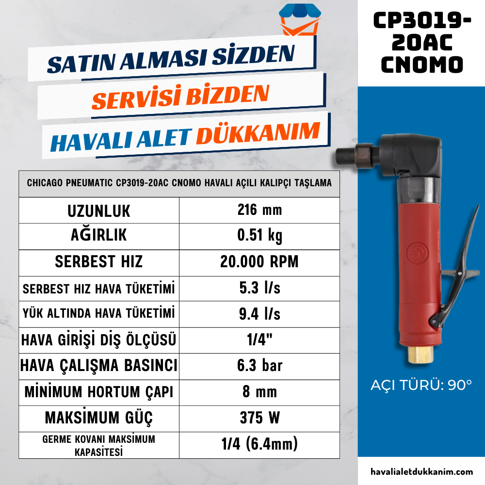 Chicago Pneumatic CP3019-20AC CNOMO Havalı Açılı Kalıpçı Taşlama Makinesi 1/4
