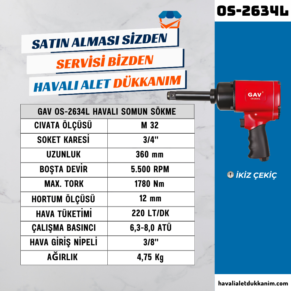 GAV OS-2634L Havalı Somun Sökme 3/4