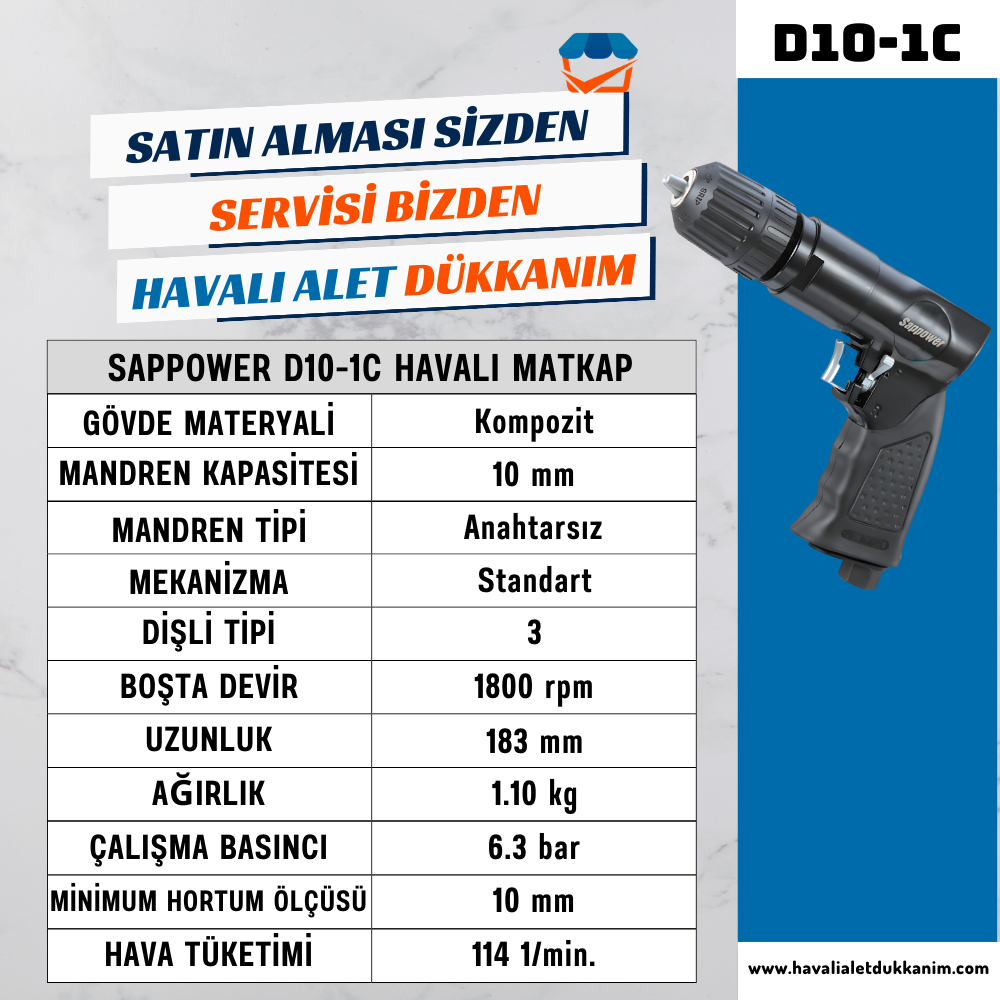 Havalı MatkapSAPPOWER D10-1C Havalı Matkap 10 mm Sağ-Sol