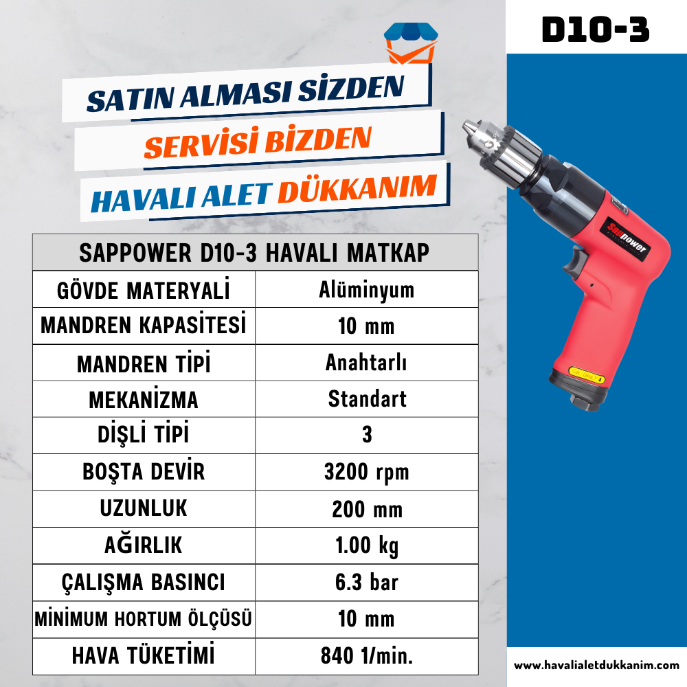 Havalı MatkapSAPPOWER D10-3 Havalı Matkap 10 mm Sağ