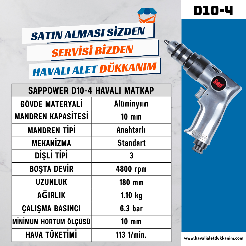 Havalı MatkapSAPPOWER D10-4 Havalı Matkap 10 mm Sağ