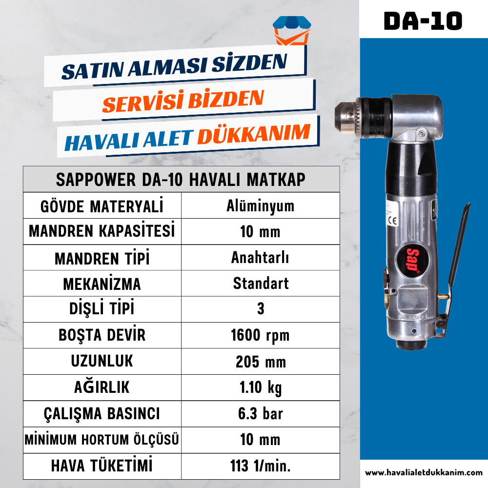 Havalı MatkapSAPPOWER DA-10 Havalı Matkap 90° Sağ-Sol 10 mm