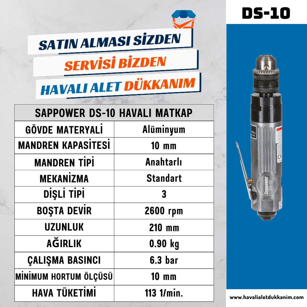Havalı MatkapSAPPOWER DS-10 Havalı Düz Matkap 10 mm