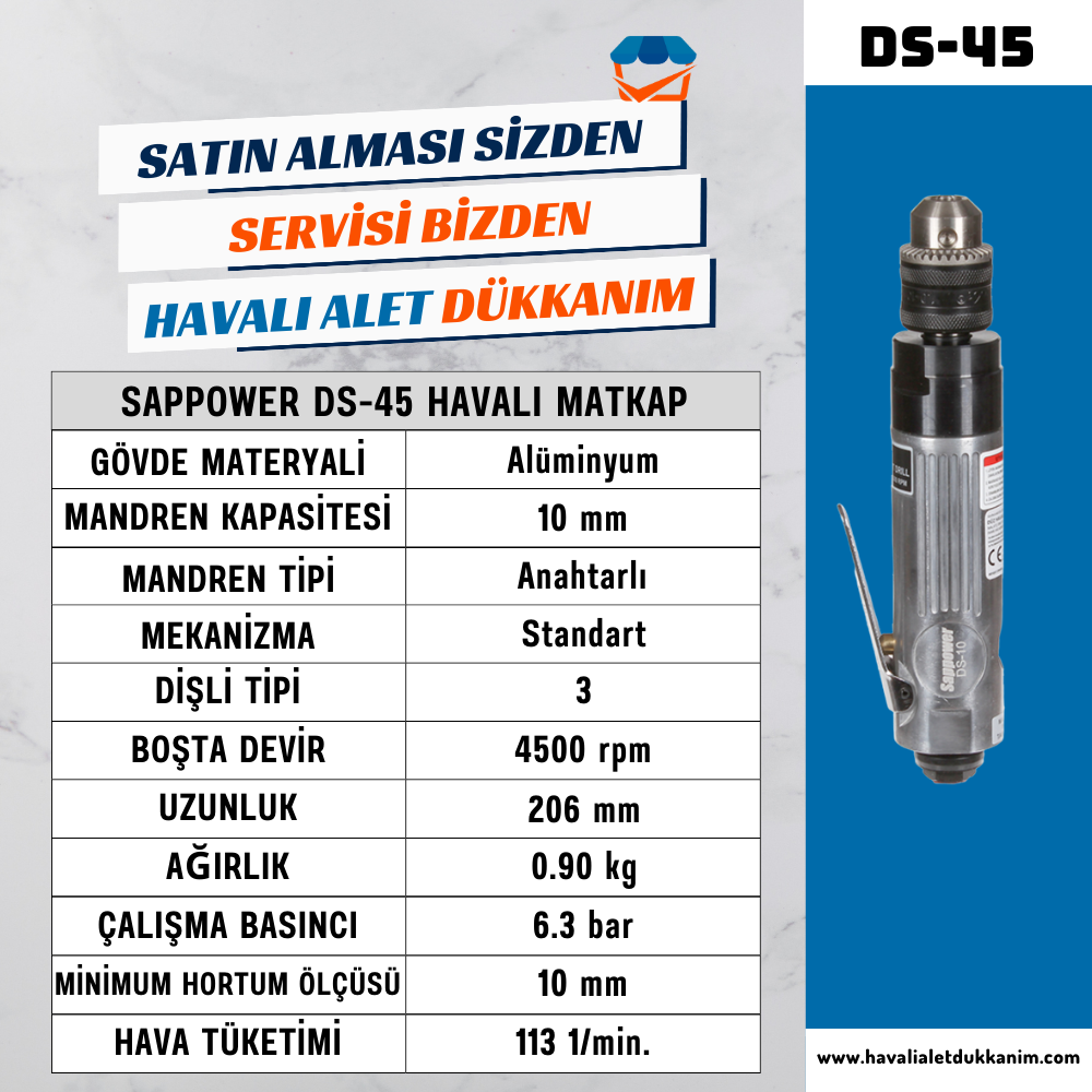 Havalı MatkapSAPPOWER DS-45 Havalı Düz Matkap 10 mm