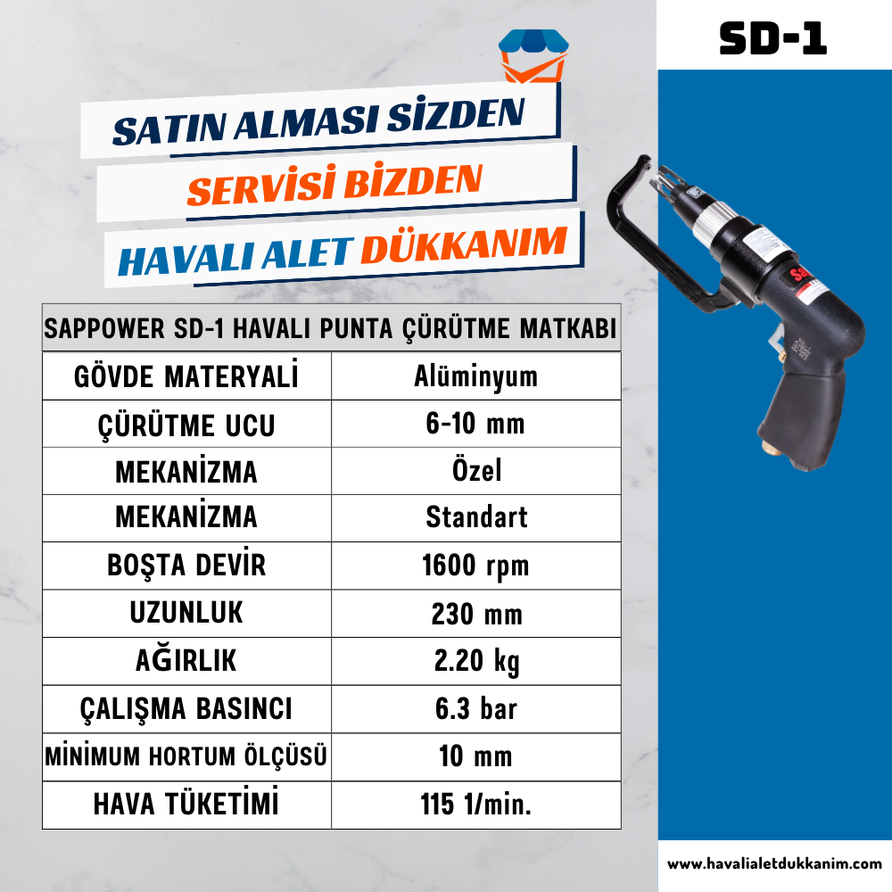Havalı MatkapSAPPOWER SD-1 Havalı Punta Çürütme Matkabı
