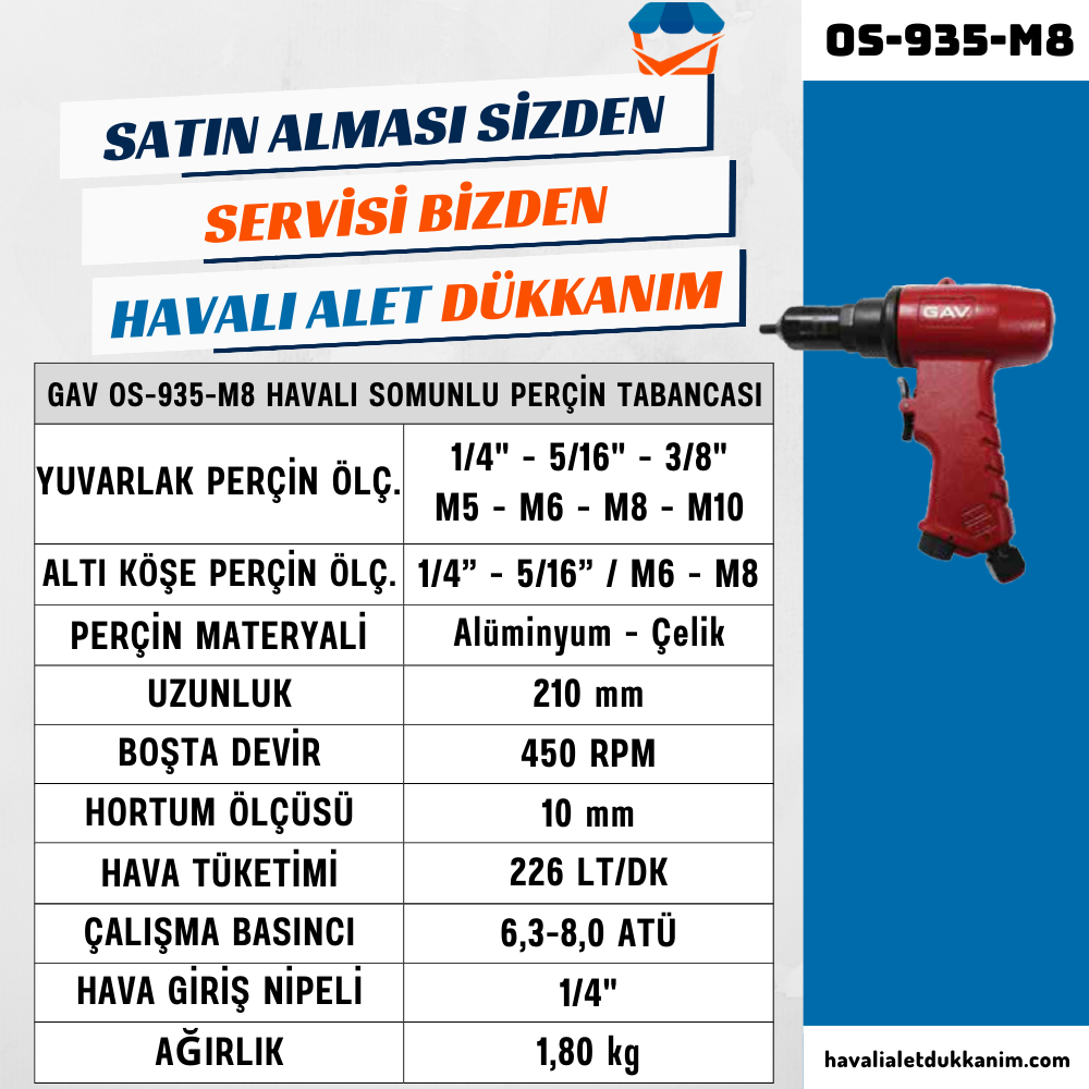 Havalı Perçin TabancasıGAV OS-935-M8 Havalı Somunlu Perçin Tabancası