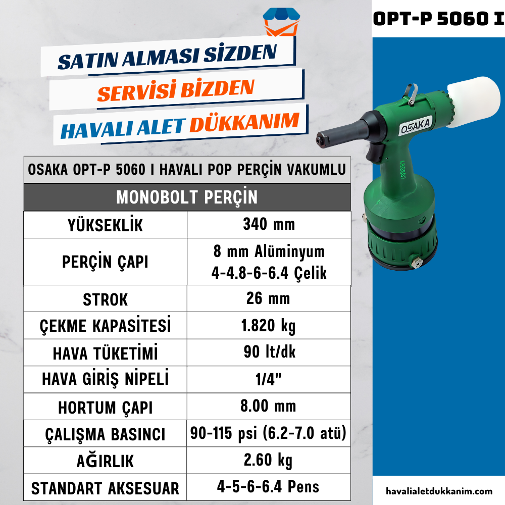 Havalı Perçin TabancasıOSAKA OPT-P 5060 I Havalı Pop Perçin Vakumlu