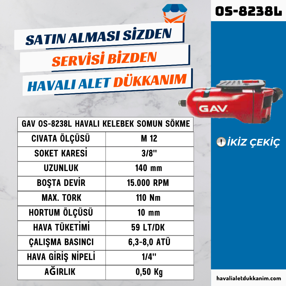 Havalı Somun Sıkma ve SökmeGAV OS-8238L Havalı Kelebek Somun Sökme 3/8
