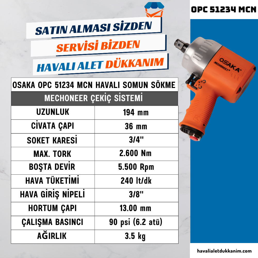 Havalı Somun Sıkma ve SökmeOSAKA OPC 51234 MCN Havalı Somun Sökme 3/4''