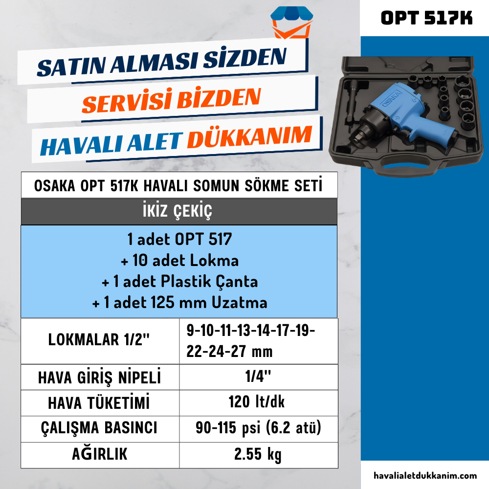 Havalı Somun Sıkma ve SökmeOSAKA OPT 517K Havalı Somun Sökme 1/2'' Seti