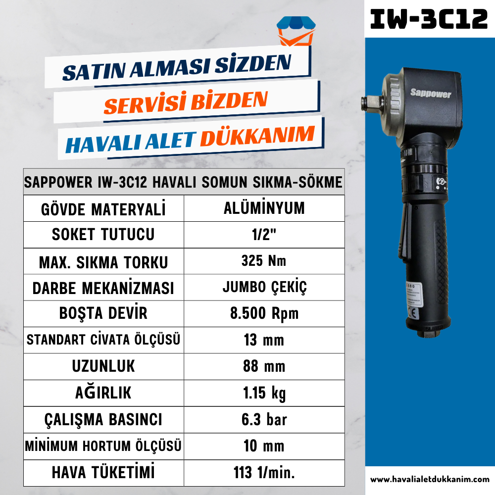Havalı Somun Sıkma ve SökmeSAPPOWER IW-3C12 Havalı Somun Sıkma-Sökme 1/2