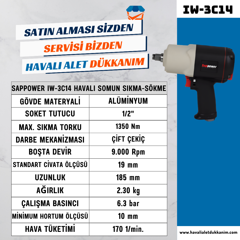 Havalı Somun Sıkma ve SökmeSAPPOWER IW-3C14 Havalı Somun Sıkma-Sökme 1/2