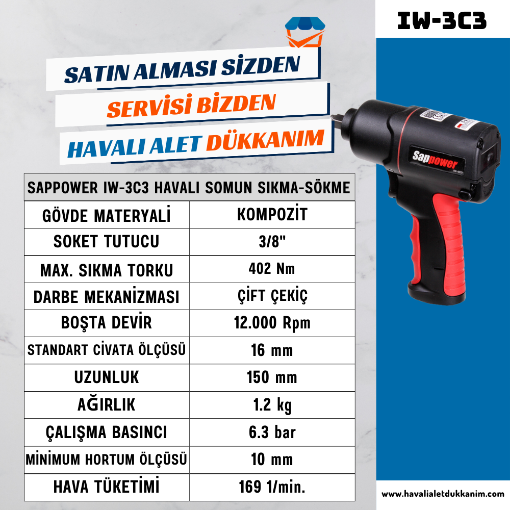 Havalı Somun Sıkma ve SökmeSAPPOWER IW-3C3 Havalı Somun Sıkma-Sökme 3/8