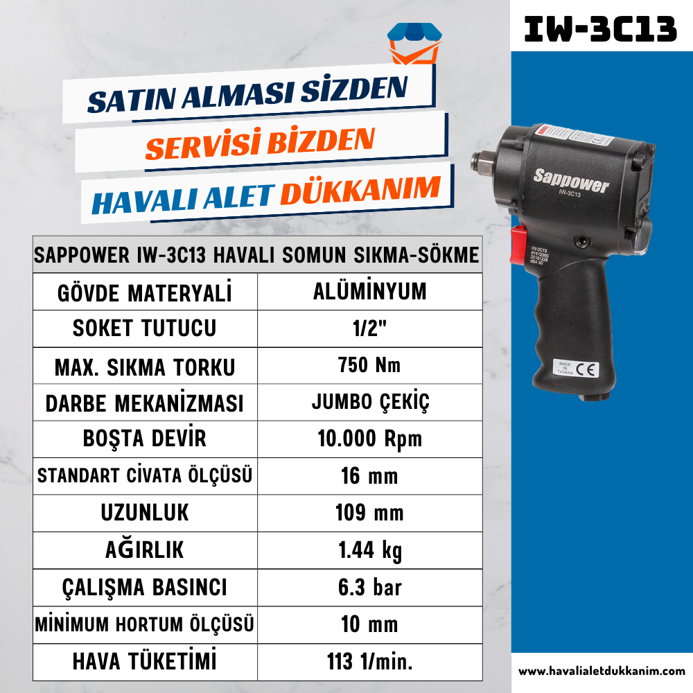 Havalı Somun Sıkma ve SökmeSAPPOWER IW-3C13 Havalı Somun Sıkma-Sökme 1/2