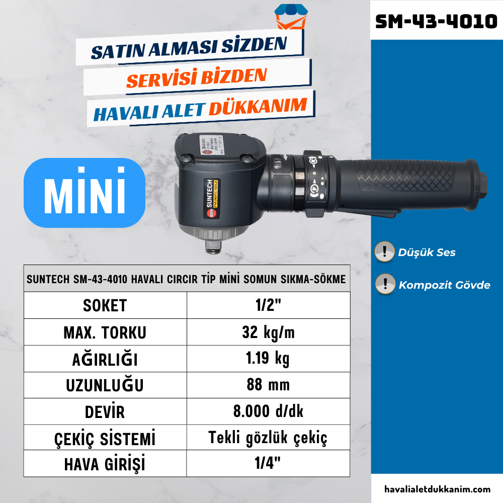Havalı Somun Sıkma ve SökmeSUNTECH SM-43-4010 Havalı Kabzalı Cırcır Tip Mini Somun Sıkma-Sökme 1/2