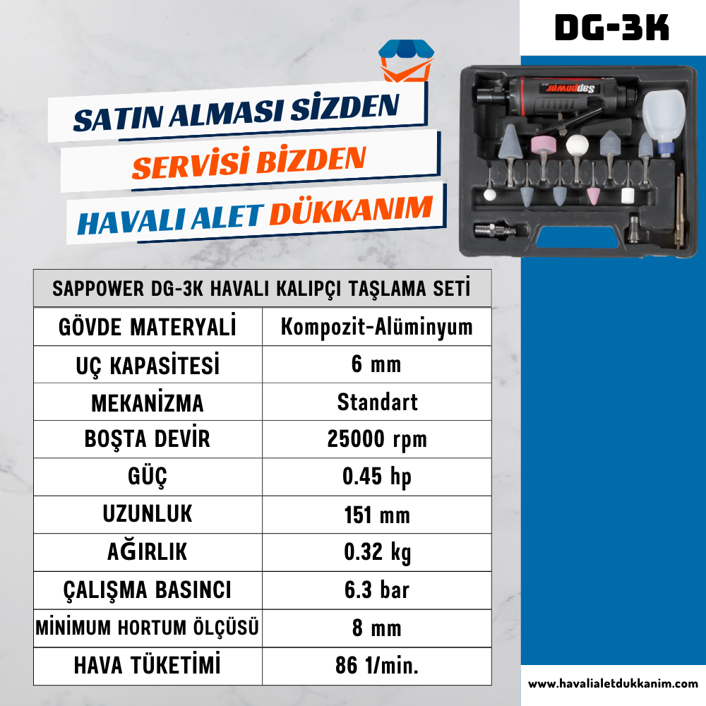 Havalı TaşlamaSAPPOWER DG-3K Havalı Kalıpçı Taşlama Seti