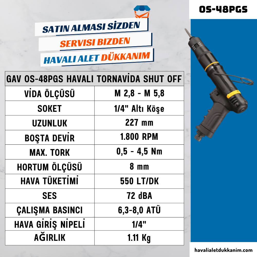 Havalı TornavidaGAV OS-48PGS Havalı Tornavida - Tabanca Tip (Shut Off)