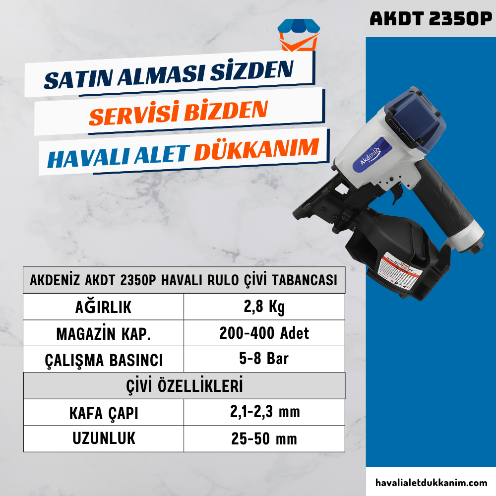 Havalı Zımba ve Çivi Çakma TabancasıAKDENİZ AKDT 2350P Havalı Rulo Çivi Tabancası (Konik/Düz)