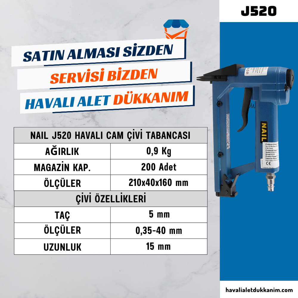 Havalı Zımba ve Çivi Çakma TabancasıNAIL J520 Havalı Cam Çivi Tabancası