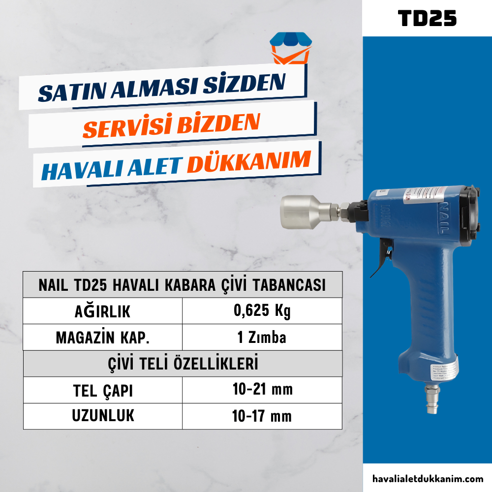 Havalı Zımba ve Çivi Çakma TabancasıNAIL TD25 Havalı Kabara Çivi Tabancası Set
