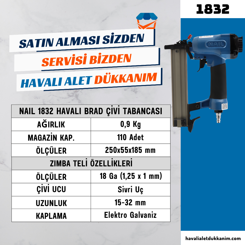 Havalı Zımba ve Çivi Çakma TabancasıNAIL 1832 Havalı Brad Çivi Tabancası