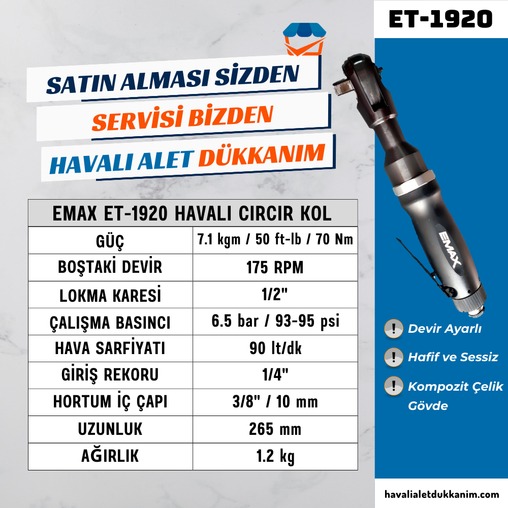Kategorisiz1/2inç 6.9 kg. 175 RPM Hız Ayarlı Havalı Cırcır Kol