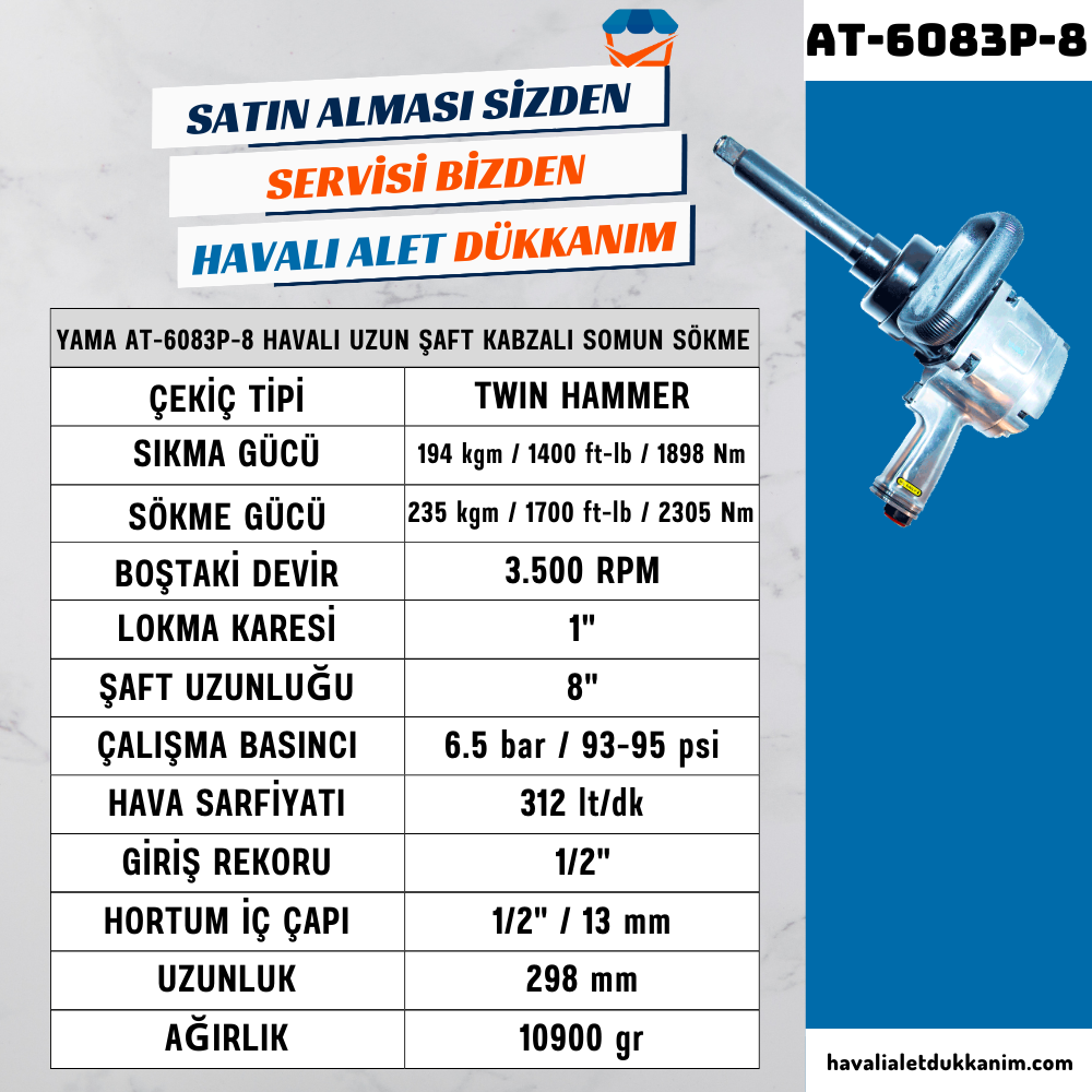 Kategorisiz1inç 263kg. 3500RPM 8inç Şaft Kabzalı Havalı Somun Sökme