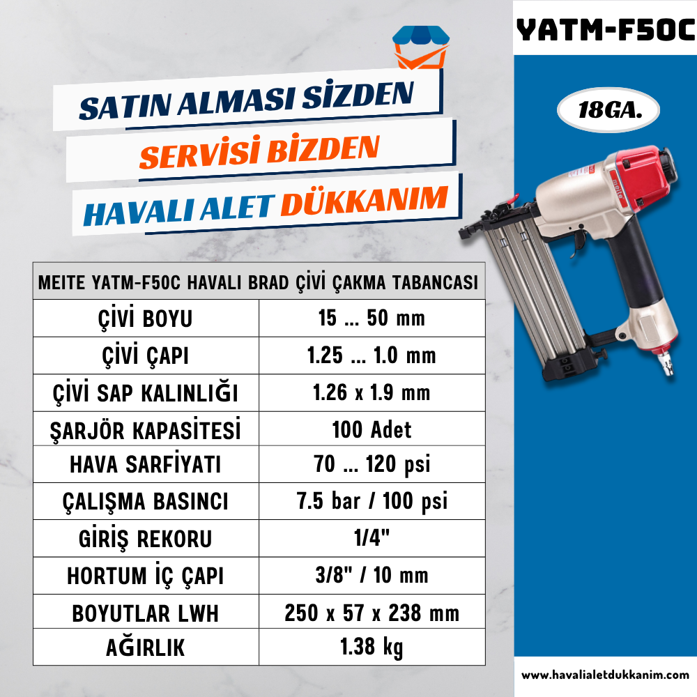 Meite YATM-F50C Havalı Brad Çivi Tabancası 15-50 mm
