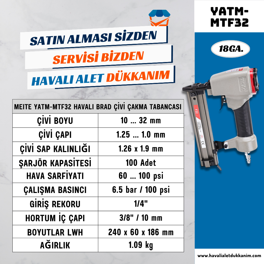 Meite YATM-MTF32 Havalı Brad Çivi Çakma Tabancası 10-32 mm