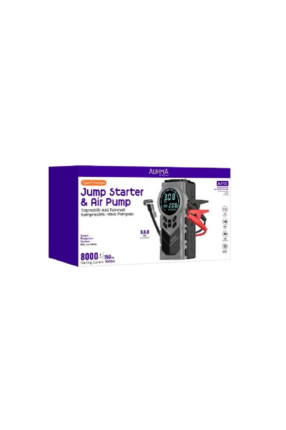 AUHMA Jump Starter & Air Pump Taşınabilir Akü Takviyeli Kompresörlü Hava Pompası – 8000 mAh | 150 PSI | Type-C Girişli Powerbank