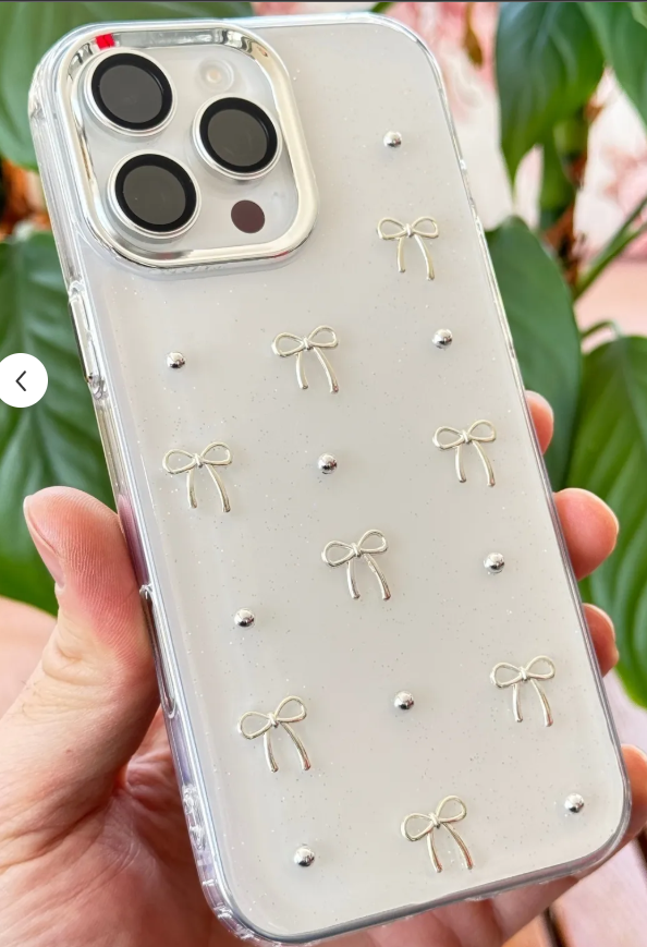 Fibaks Apple iPhone 15 Pro Max Kılıf Fiyonk Desenli Şeffaf Simli Gümüş Kamera Çıkıntılı Parlak Kapak