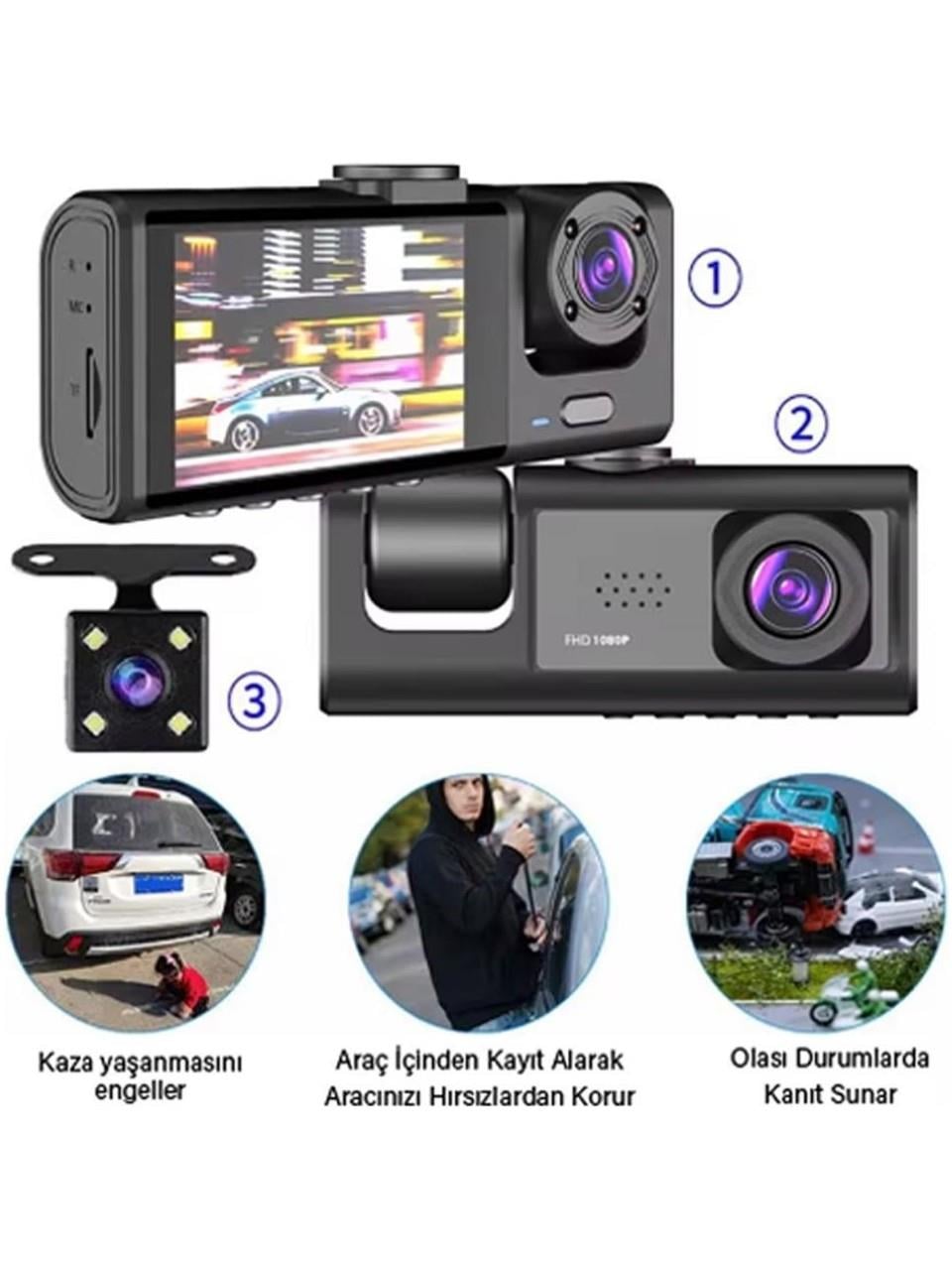 Hakopro Black Box 1080P Ön-Arka 3 Kameralı 2.0”Hd Ekran Ve G Sensörlü Akıllı Araç Kamerası