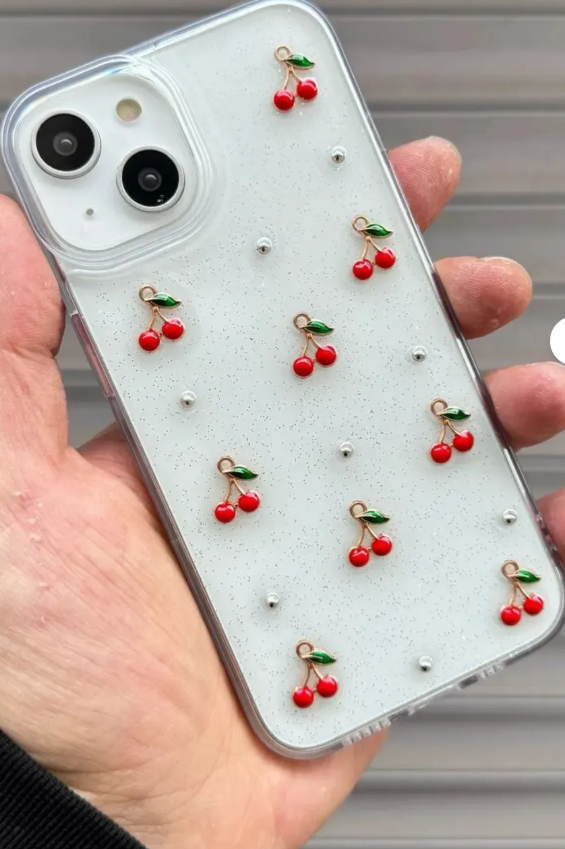 KVK PRİVACY Apple iPhone 15 Uyumlu Epoksi Kiraz Desenli Şeffaf Kılıf Simli Darbeye Karşı Dayanıklı Kapak
