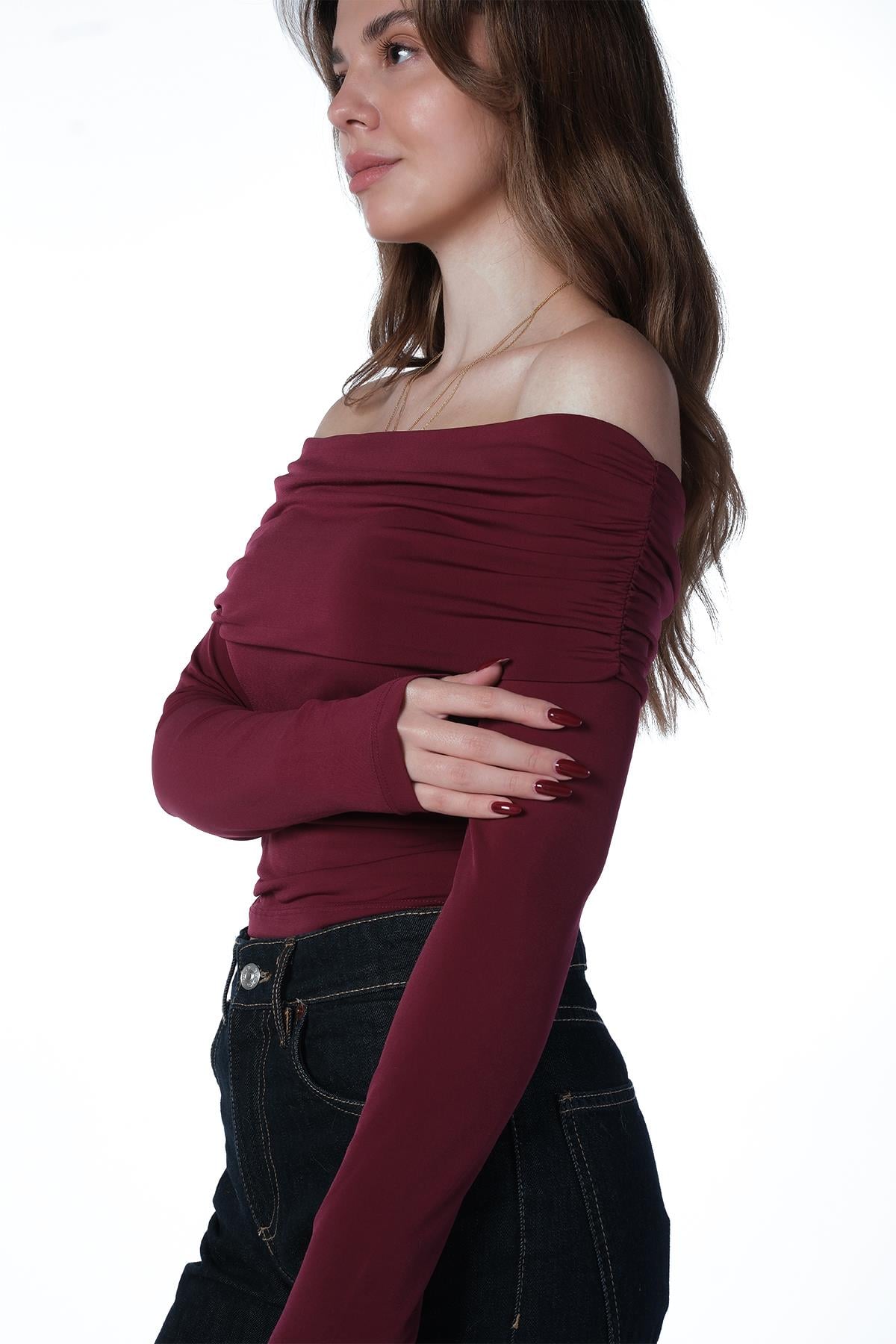 BORDO AMY AÇIK OMUZLU BODY