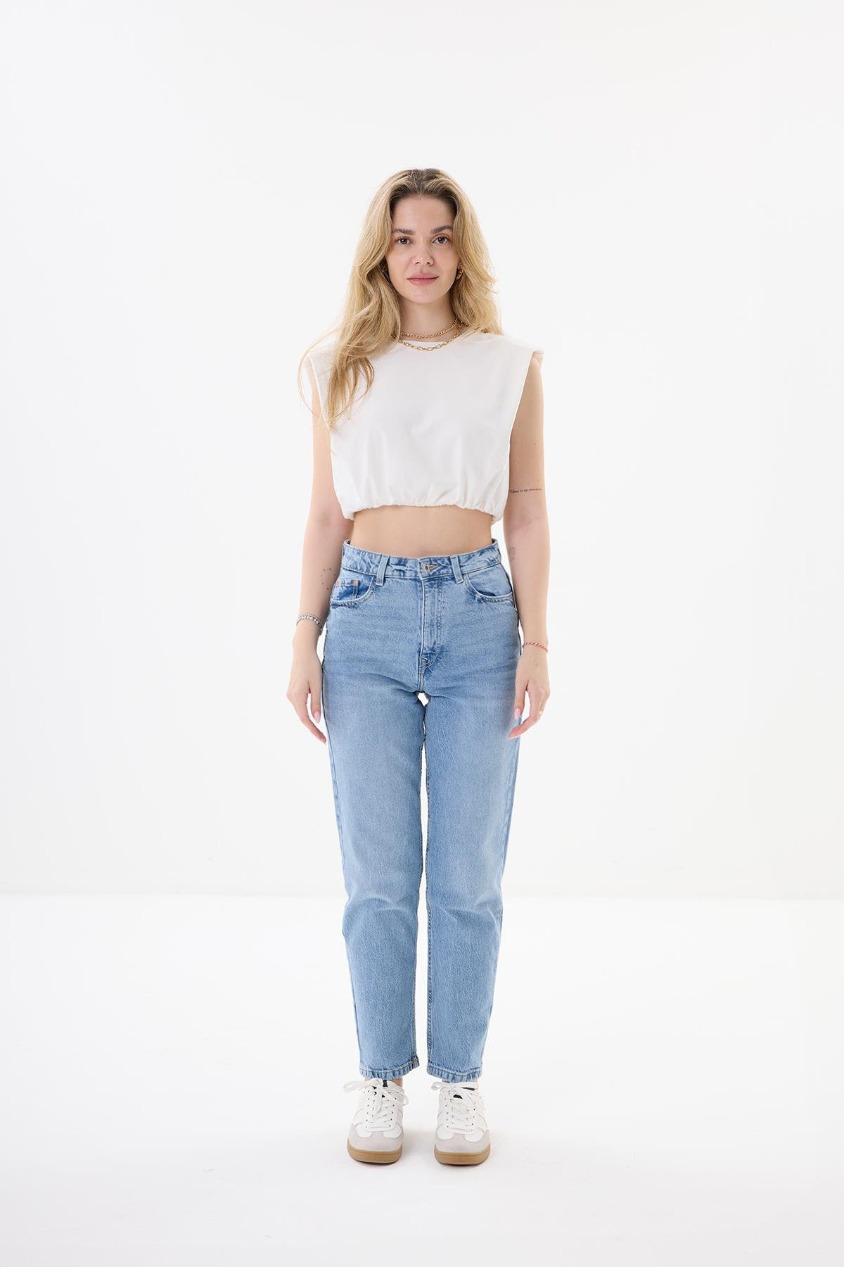 Büzgülü Crop Tshirt - Ekru