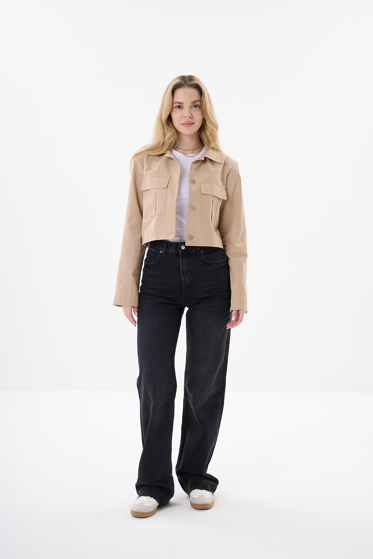 Cepli Crop Ceket - Kum