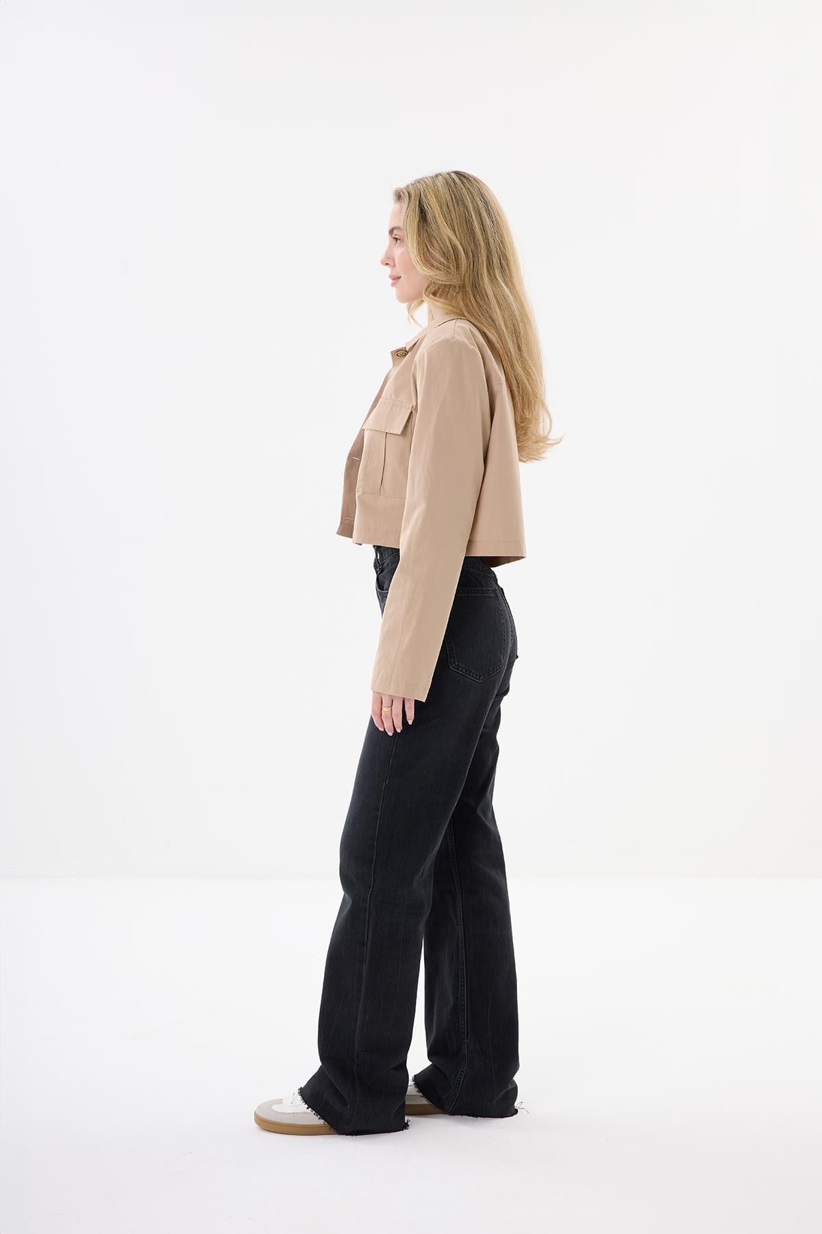 Cepli Crop Ceket - Kum