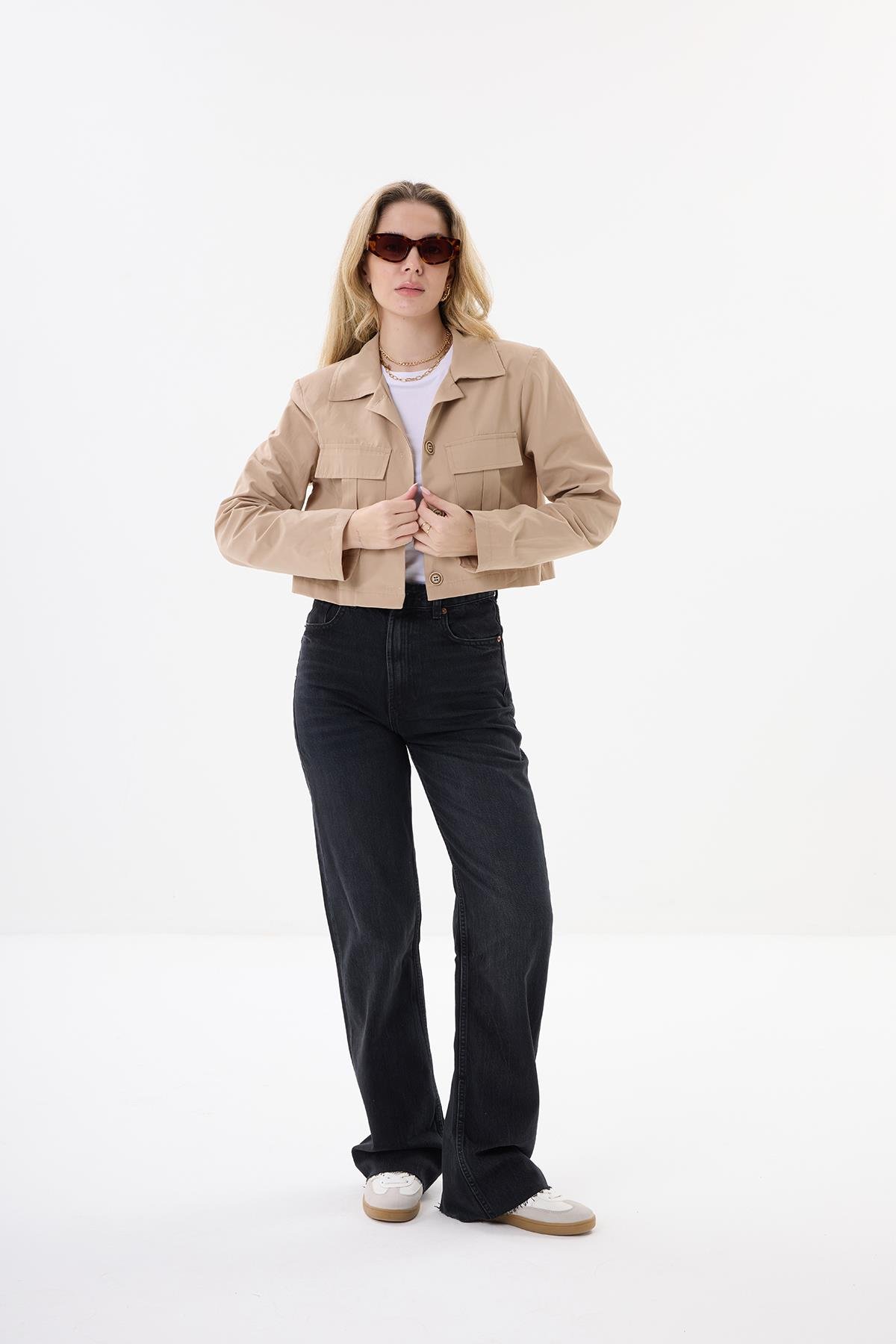 Cepli Crop Ceket - Kum