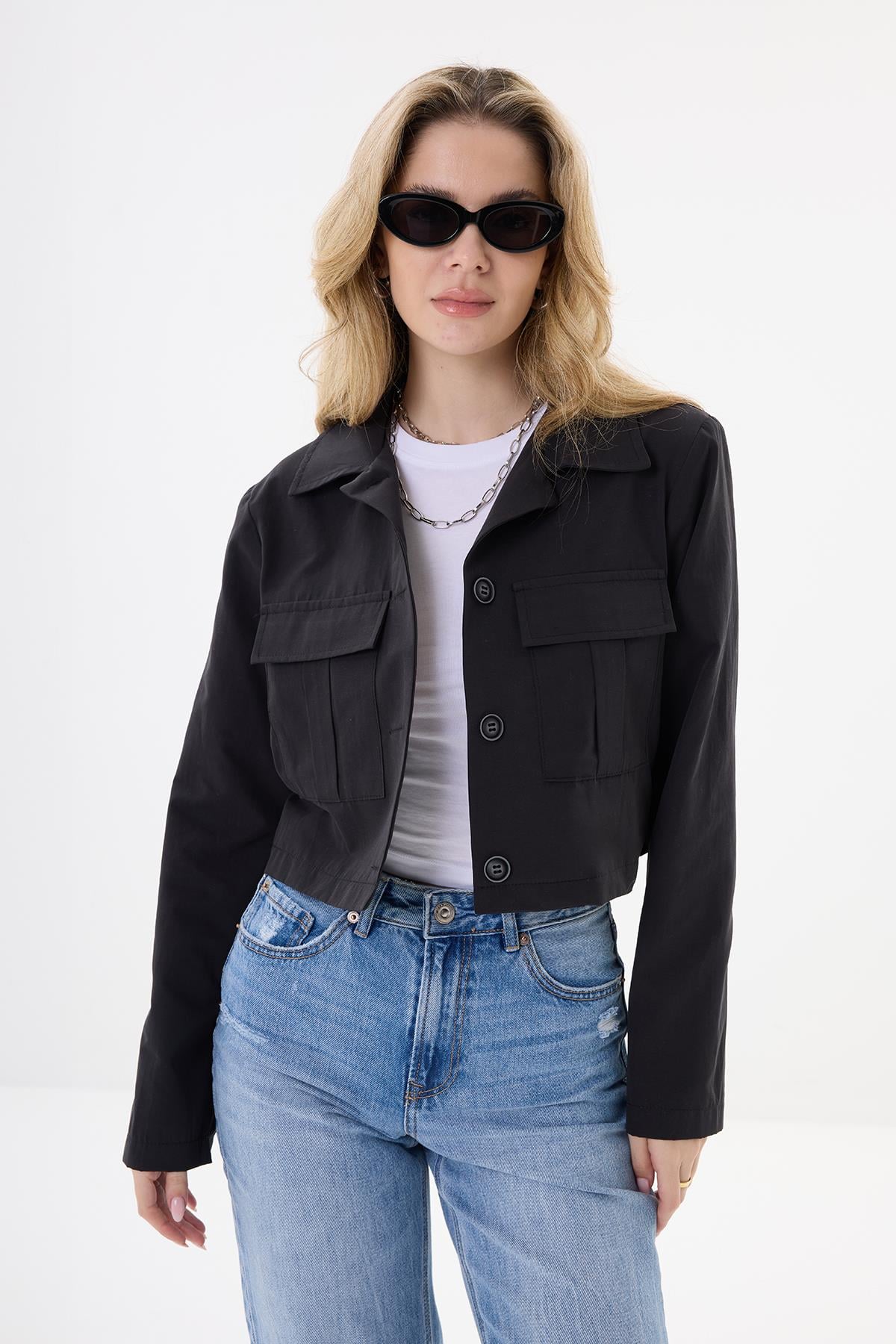 Cepli Crop Ceket - Siyah