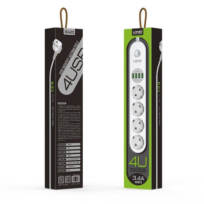 LDNİO SE4432 Anahtarlı 4 USB'li 4'lü Priz 2 Metre Akım Korumalı Priz