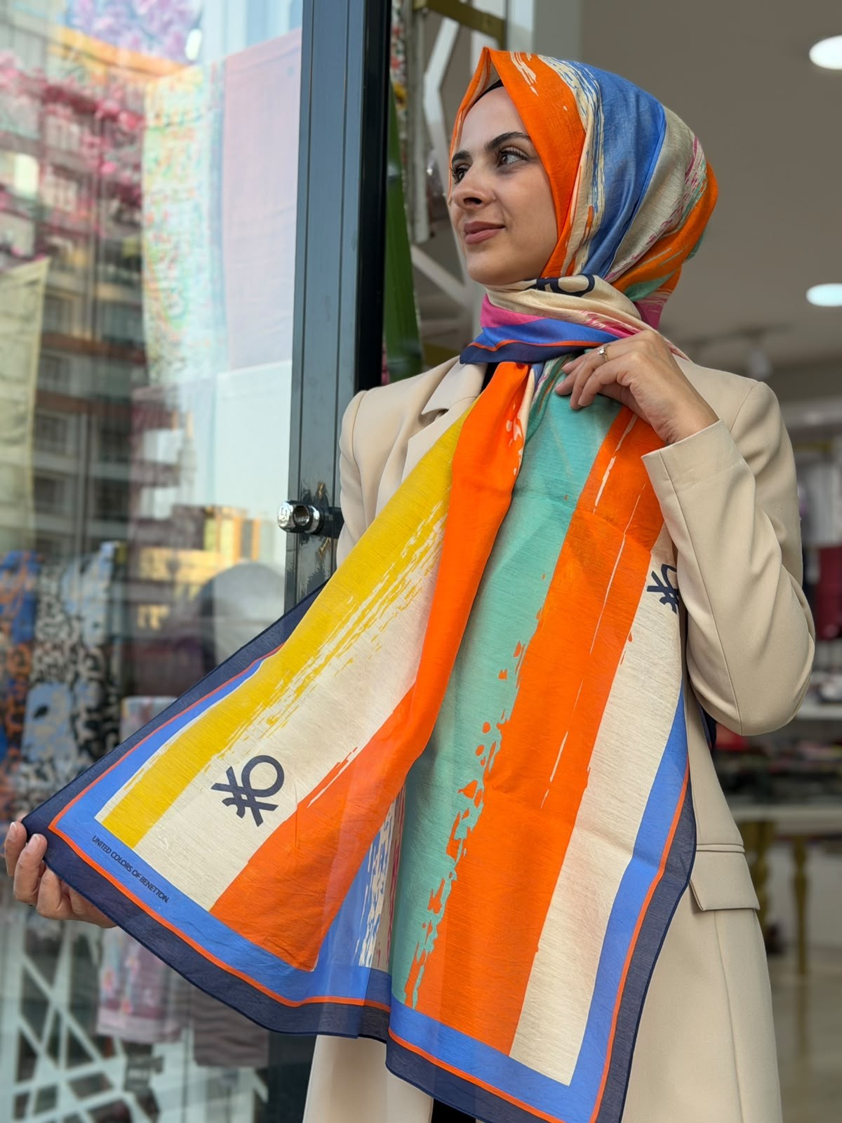 Benetton Desenli Şal Turuncu Rengi (Yeni Sezon)