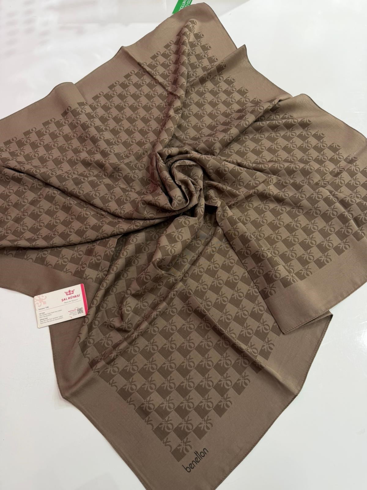 Benetton Monogram Elegante Eşarp Açık Kahve Rengi