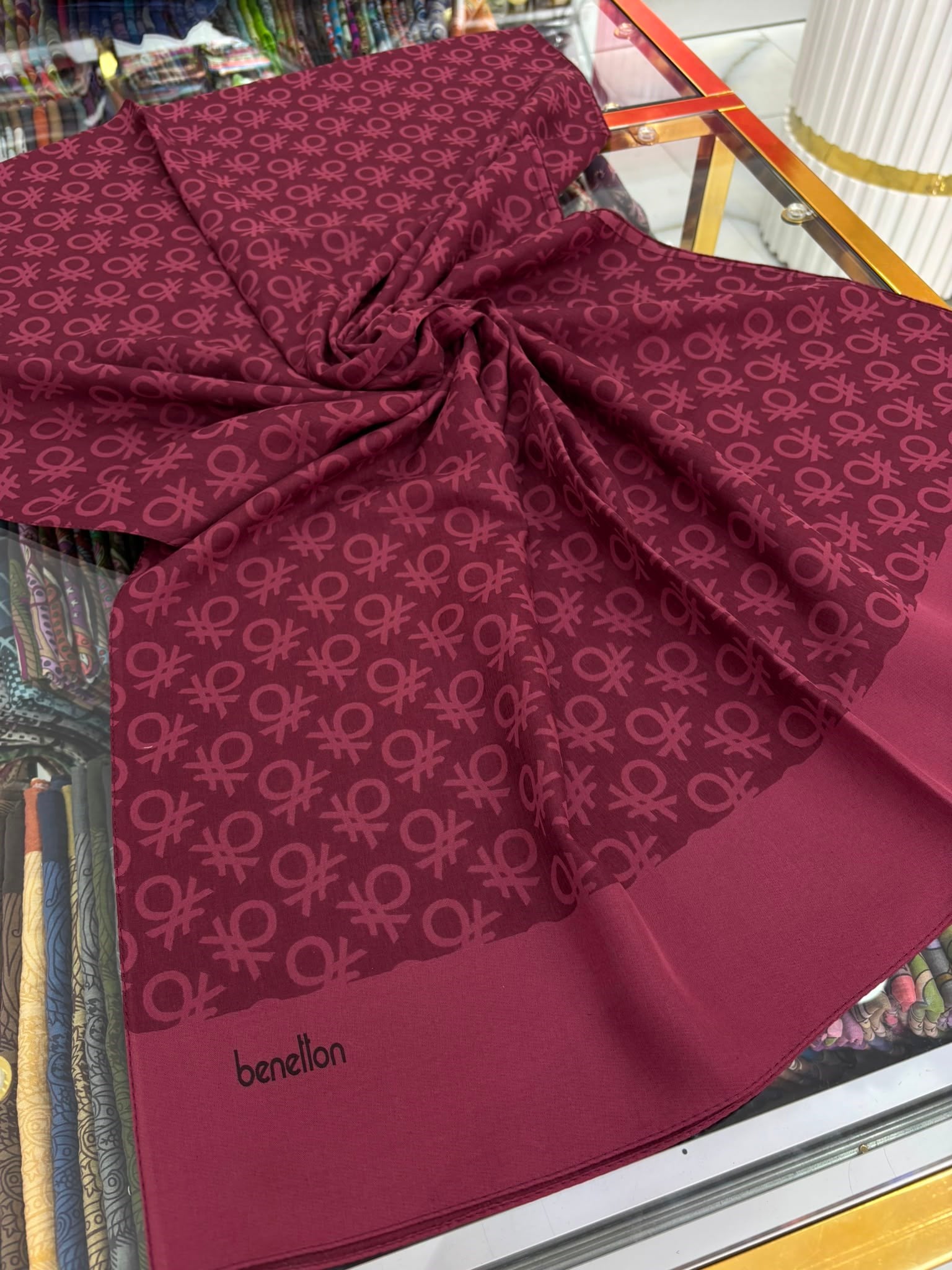 Benetton Monogram Elegante Şal Koyu Bordo Rengi