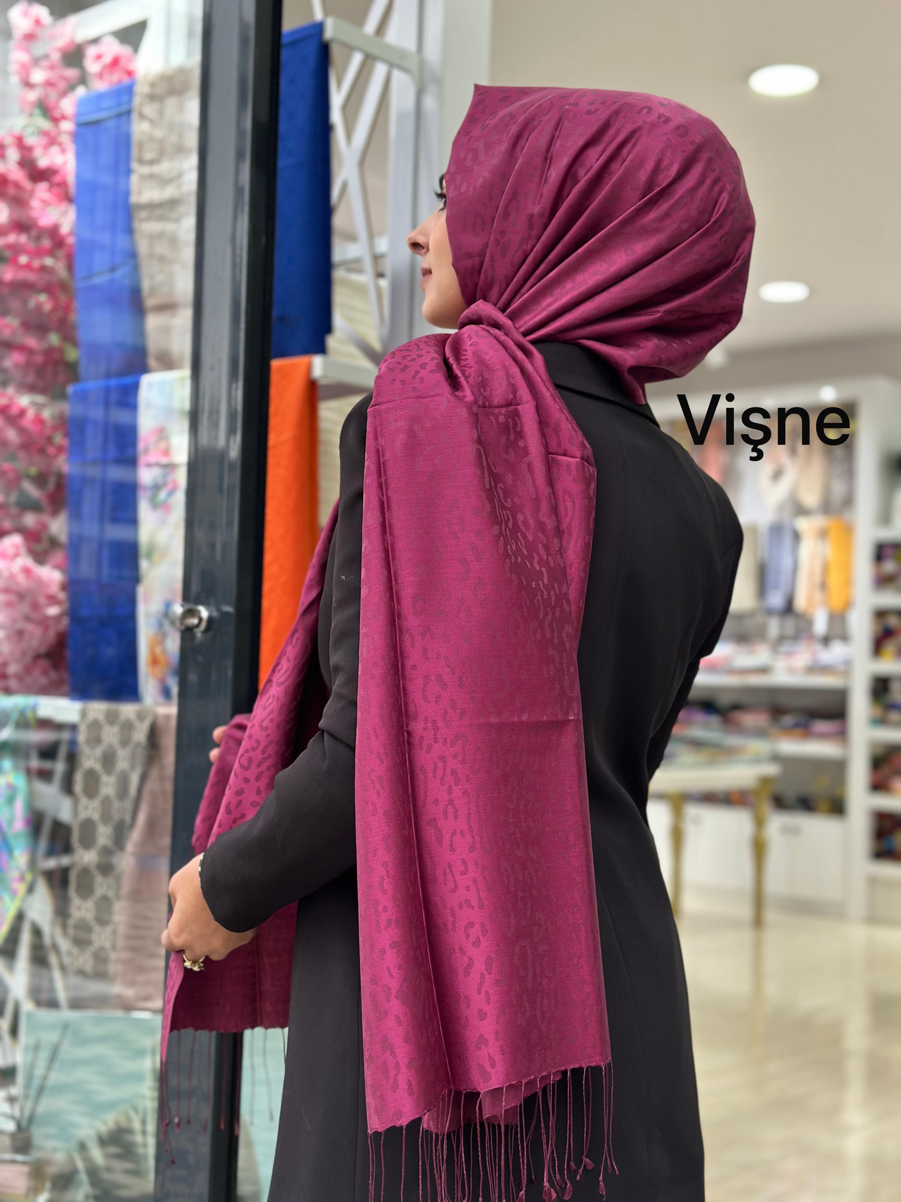 Desenli Leopar Jakar Şal (Vişne)