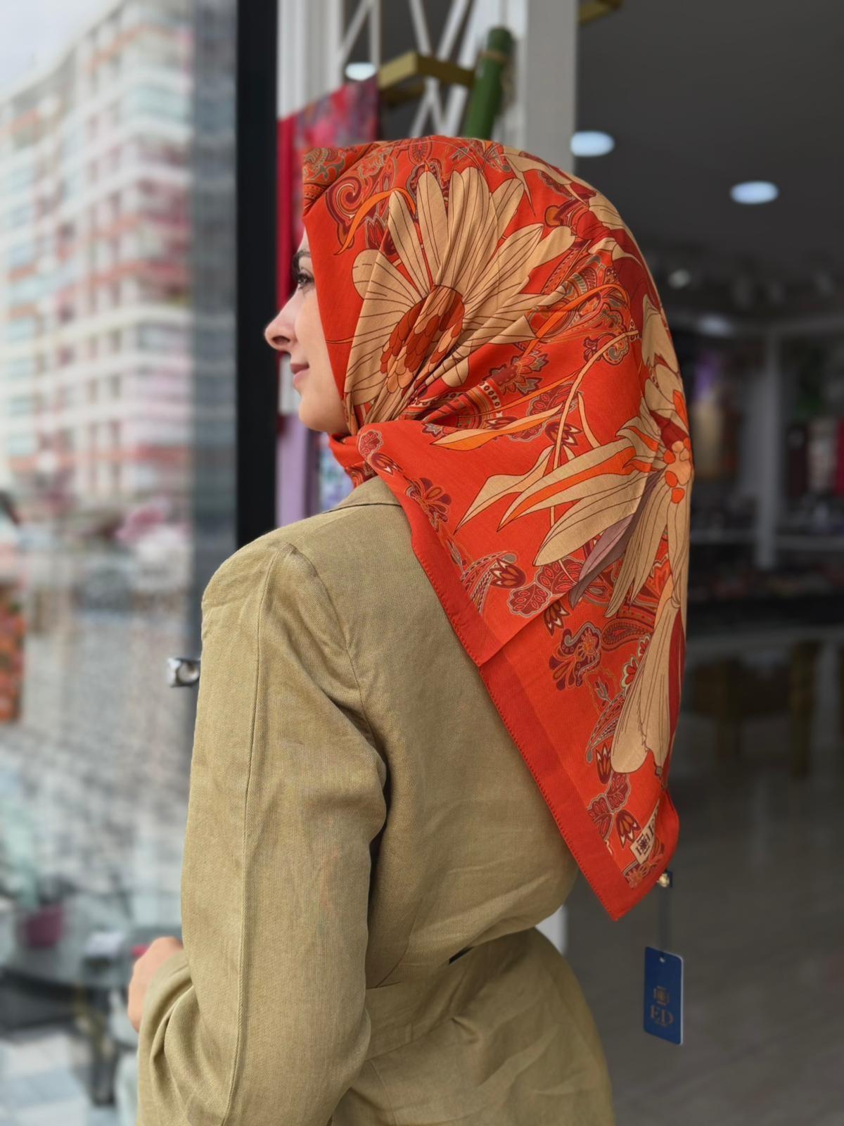 Ed Scarf Floş Viskon Eşarp Flare Desen - Turuncu Rengi