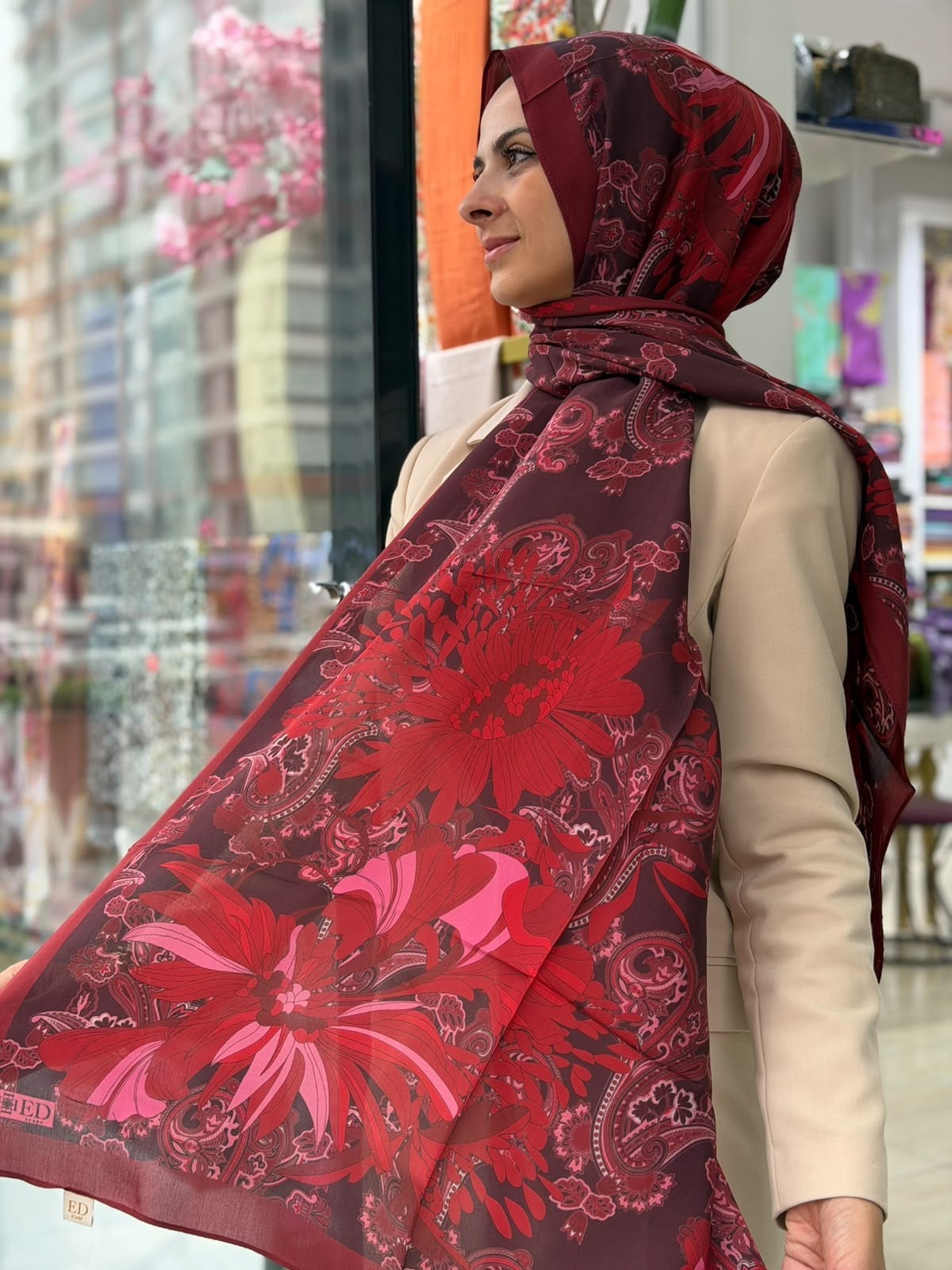 Ed Scarf Floş Viskon Şal Flare Desen Bordo Rengi