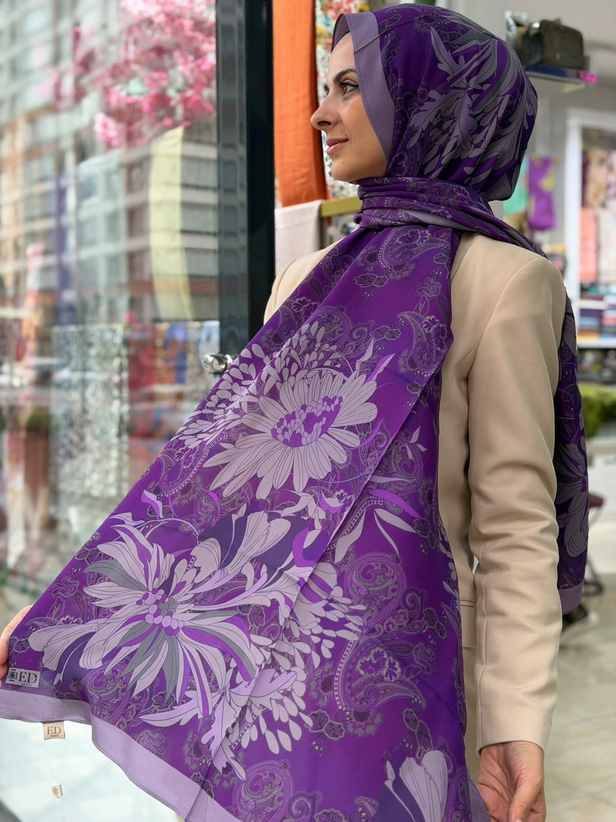 Ed Scarf Floş Viskon Şal Flare Desen Mor Rengi