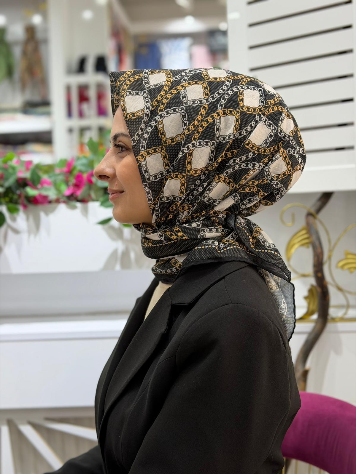 Siyane Desenli Natural Eşarp 01