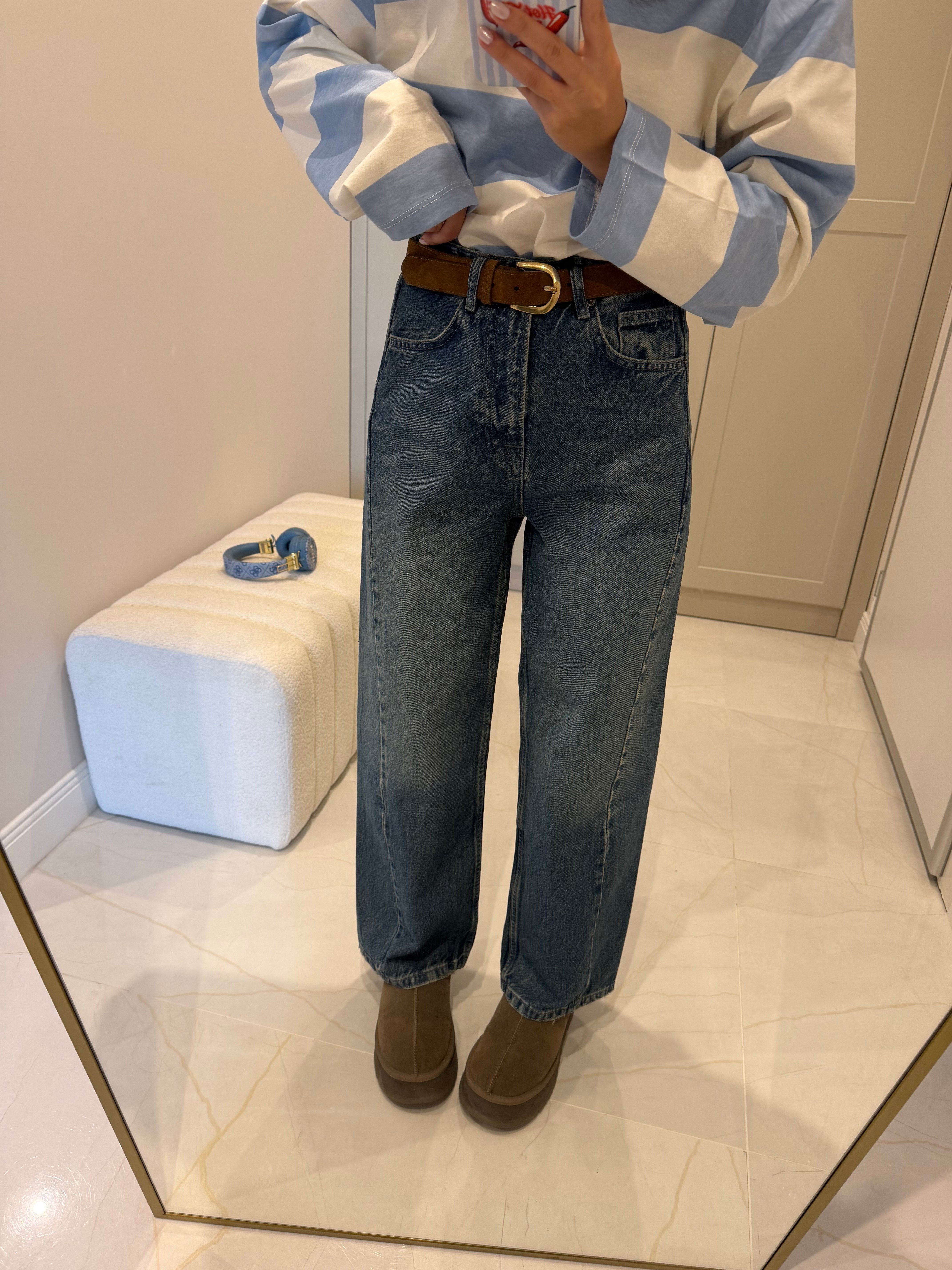 Barrel Fit Mavi Taşlanmış Jean