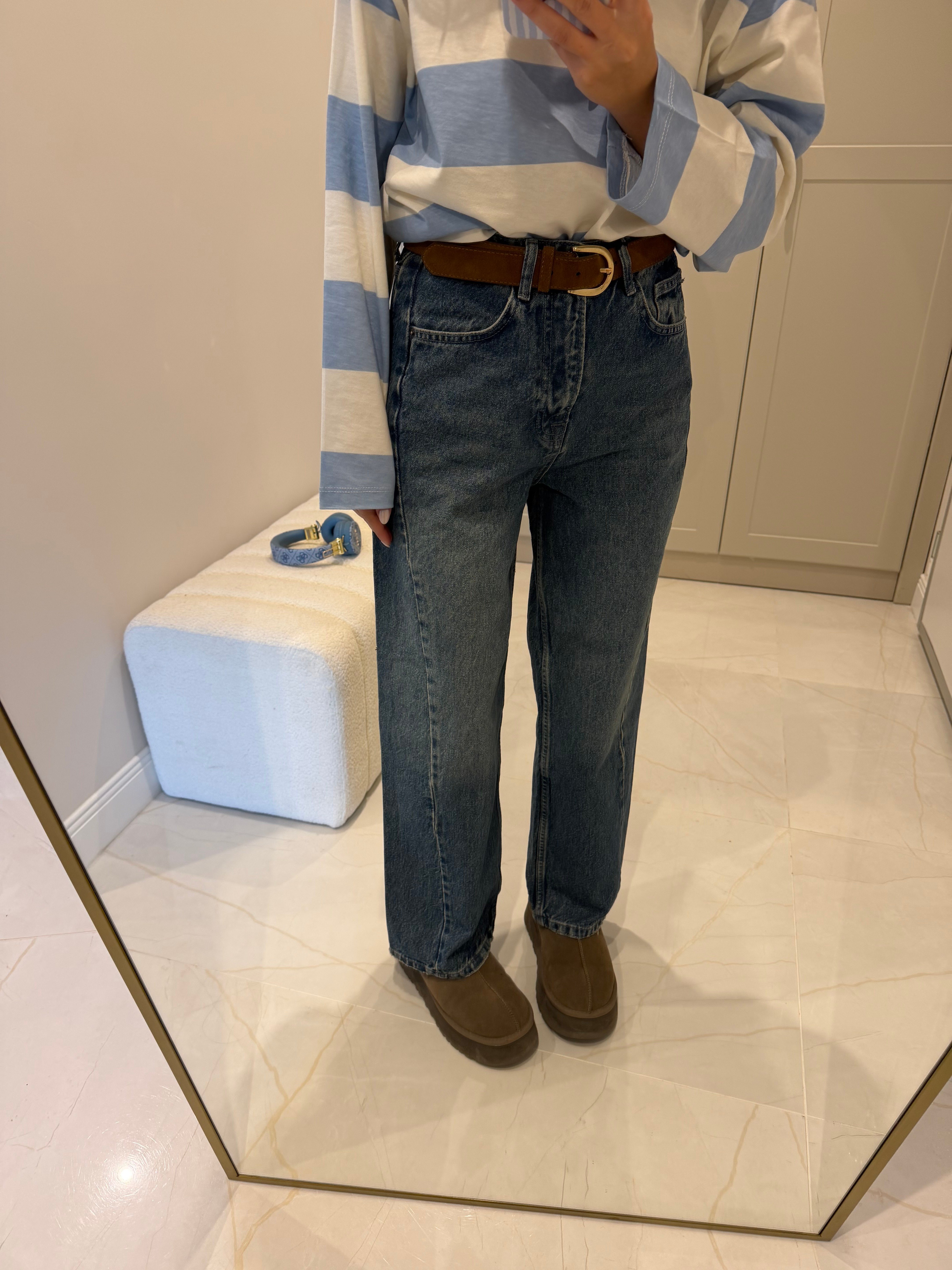 Barrel Fit Mavi Taşlanmış Jean